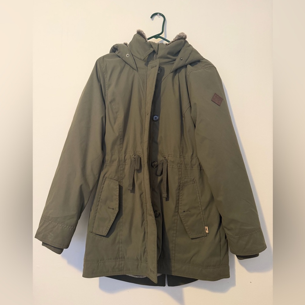 Hollister Olive Green Faux Fur Lined Parka Jacket Size L • Hooded Winter Coat